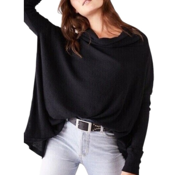 Free People Tops - Free People Juicy Long Sleeve Cowl Neck Oversized Black Thermal Top Size S